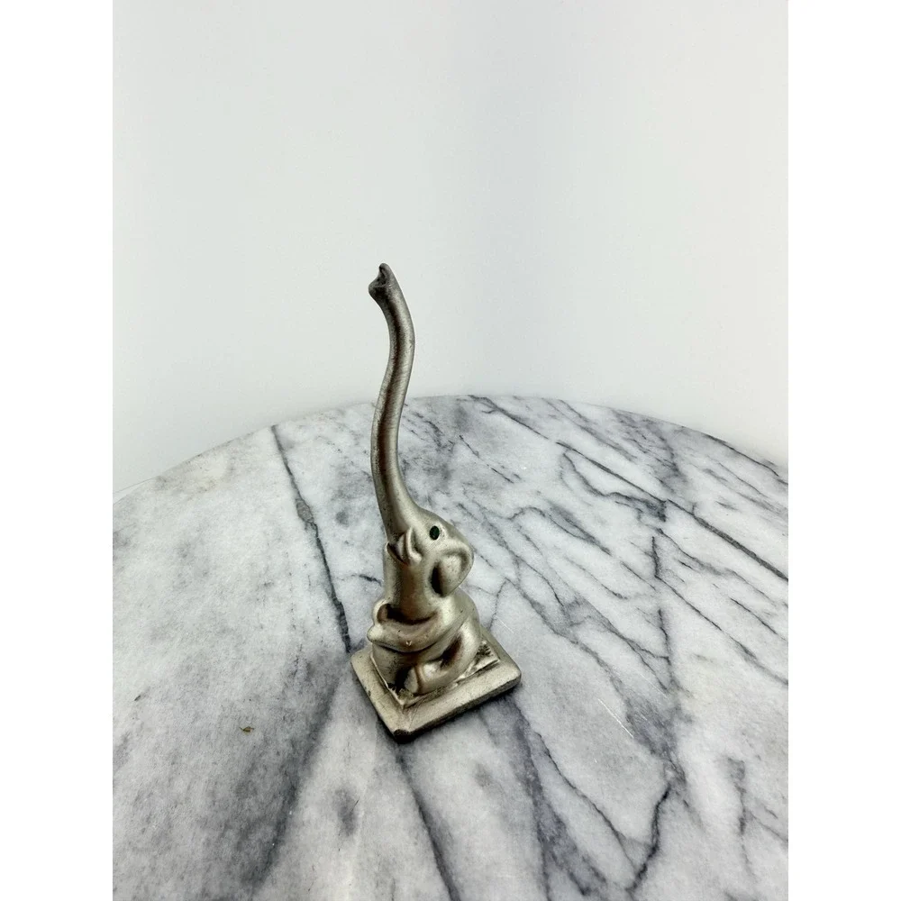 Vintage Elephant Ring Holder Green Rhinestone Eyes Good Luck Trunk Up Ring Tree